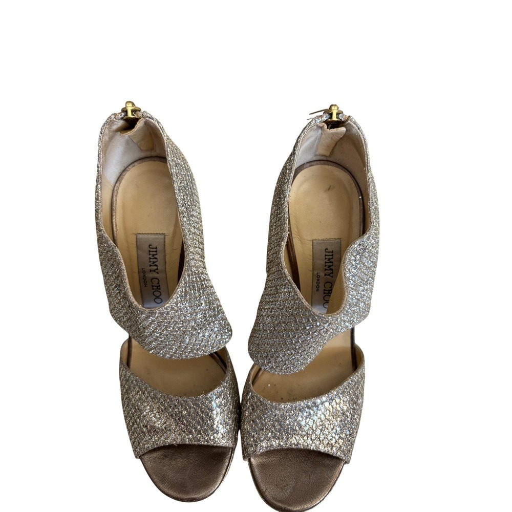 Jimmy Choo Champagne Glitter Peep Toe Platform Sandals Ankle Zip Heels 37.5 - Picture 3 of 13